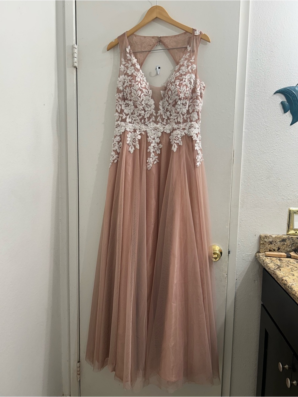 Blush Pink Tulle Gown with White Floral Appliqué